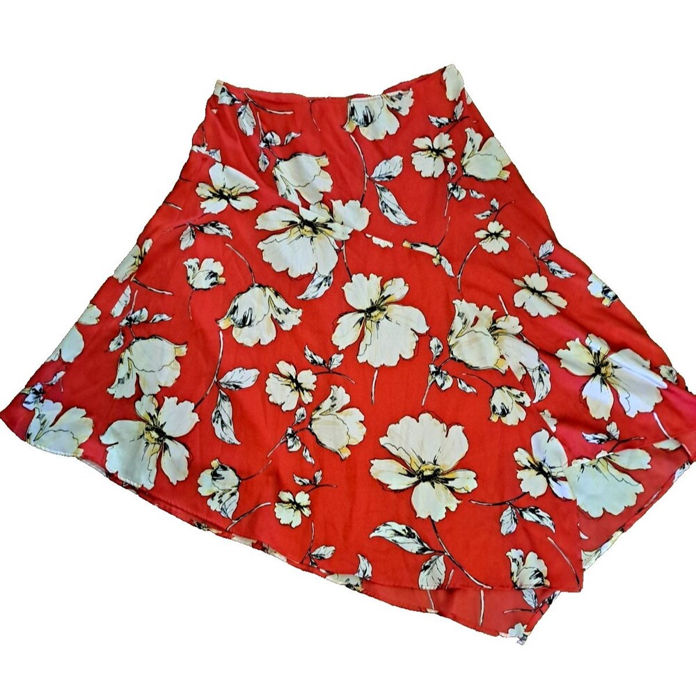 Asymmetrical Skirt A Line Midi Red Floral Satiny Boho Festival Worthington 18